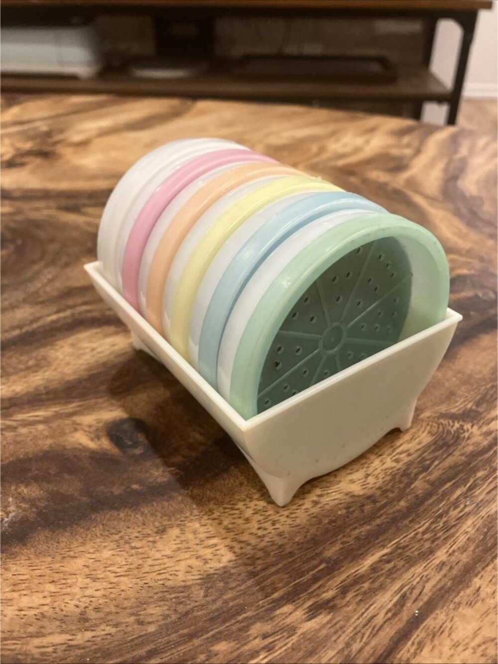 Vintage Tupperware Wagon Wheel Coasters W/Holder Set of 6 - Pastel Colors